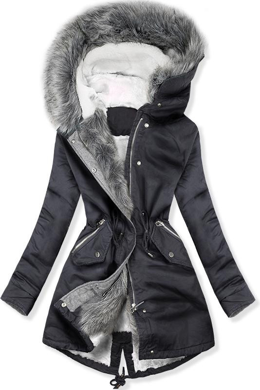 Šedá parka s kožešinovým lemem