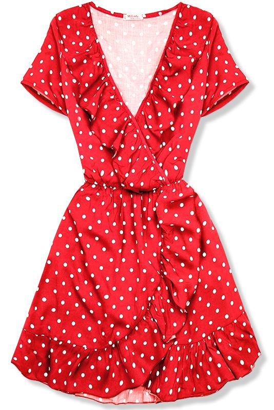 Červené puntíkované šaty s volány