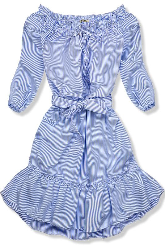 Svetlě modré pruhované off-shoulder šaty