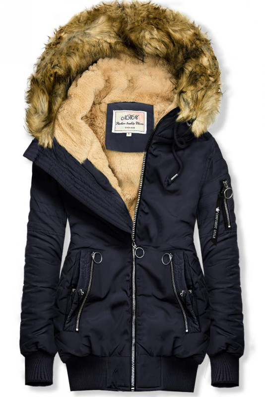 Modrá zimní bomber bunda v prodlouženém střihu