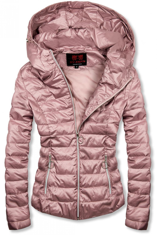 Růžová jarní prošívaná bunda s kapucí
