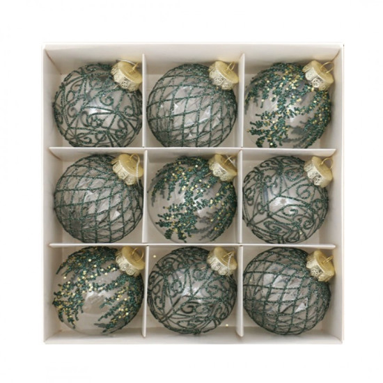 Ozdoby na stromeček zelená/transparentní, 8 cm, 9 kusů