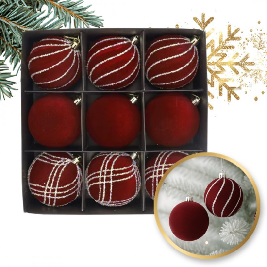 Vínově červené velurové ozdoby na stromek, 8 cm, 9 kusů