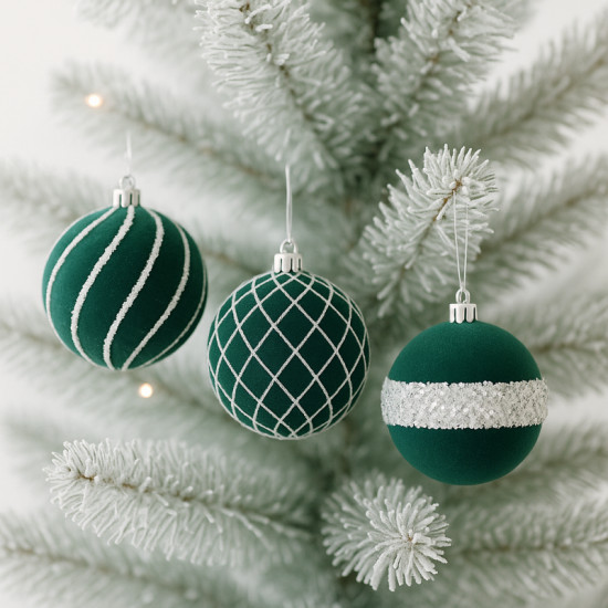 Zelené velurové ozdoby na stromeček, 8 cm, 9 kusů