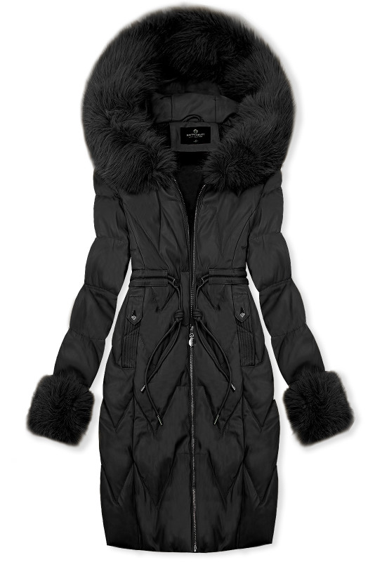 Zimní koženkový kabát s umělou kožešinou, černý