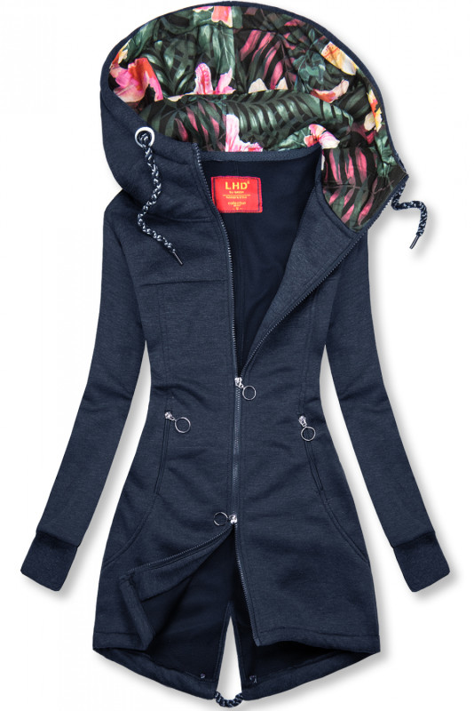 Tmavě modrá prodloužená mikina s barevnou podšívkou