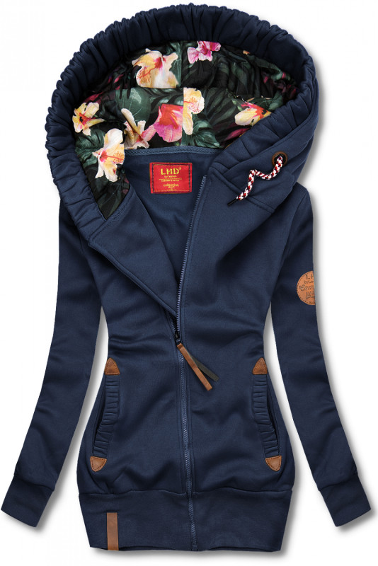 Tmavě modrá mikina s květinovou podšívkou