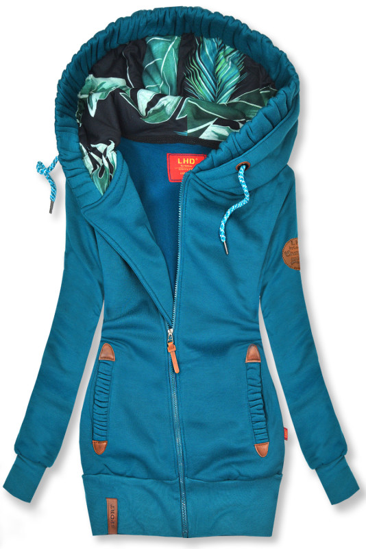 Tyrkysová mikina s barevnou podšívkou v kapuci