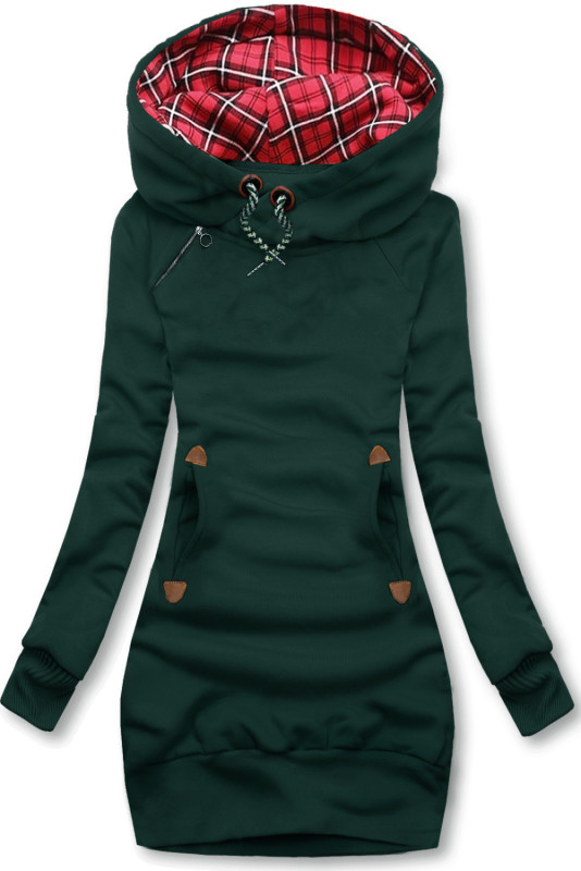 Tmavě zelená dlouhá mikina s károvanou kapucí