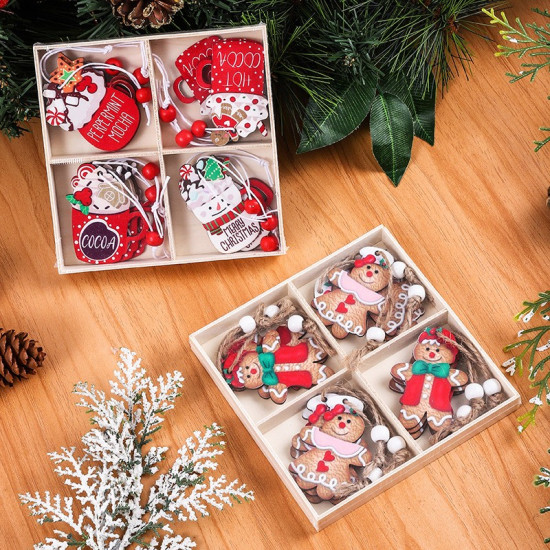 Sada 12 dřevěných ozdob na stromeček, vánoční perníčky