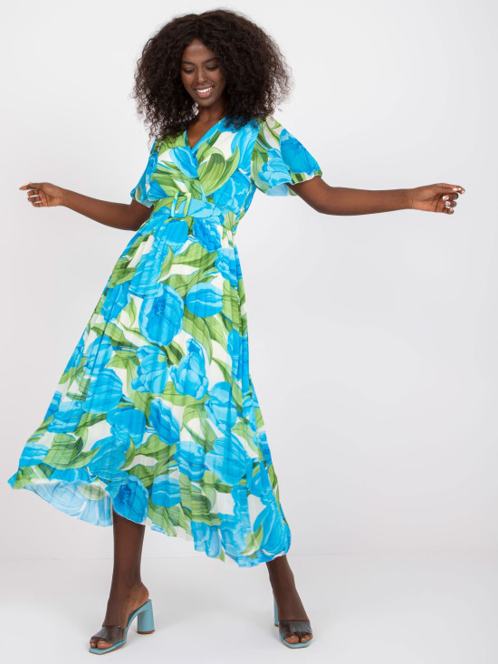 Květinové midi šaty v azurově modré barvě