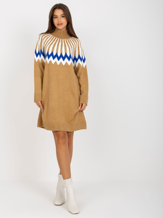 Camel hnědé pletené šaty se vzorem