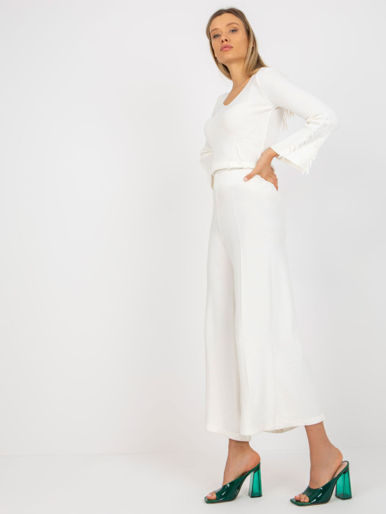 Ecru široké pletené kalhoty s vysokým pasem