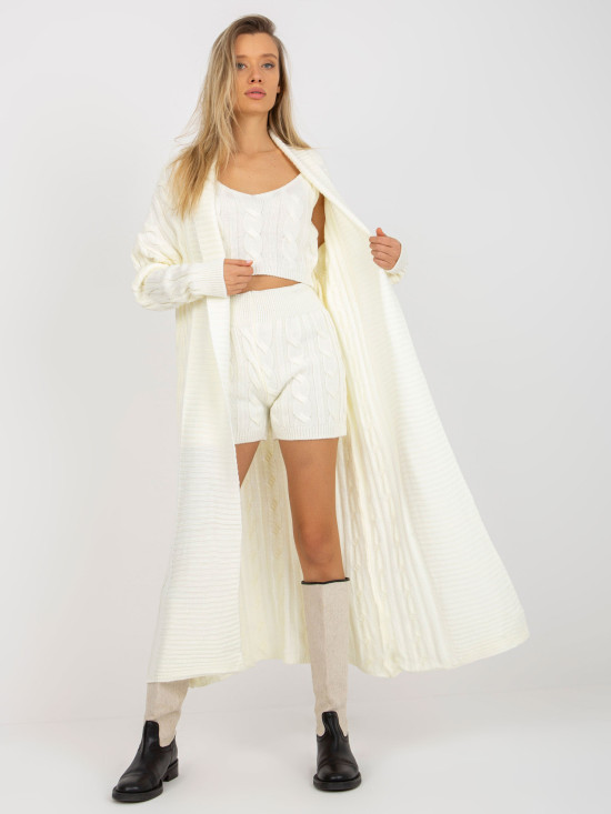 Ecru třídílný pletený set s topem a šortkami