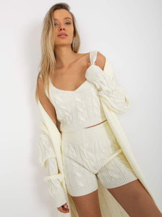 Ecru třídílný pletený set s topem a šortkami