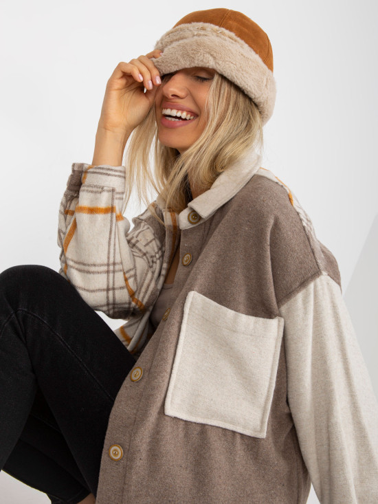 Béžová dvoubarevná oversize košile s kostkovaným vzorem