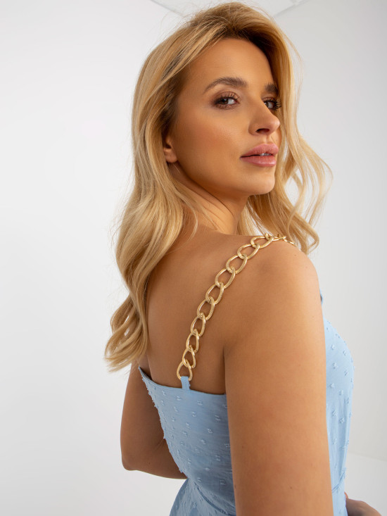 Světle modré mini šaty s volánky a vázáním