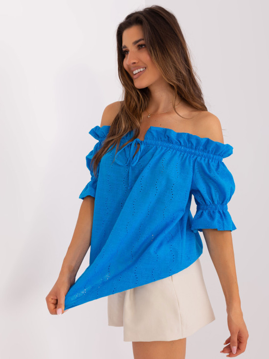 Modrá bavlněná blůza s off-shoulder výstřihem