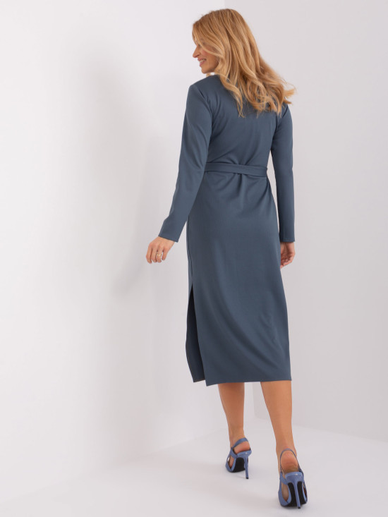 Elegantní modré midi šaty s dlouhým rukávem