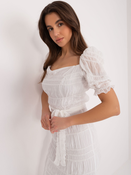 Elegantní midi šaty s nařasenými rukávy bílé