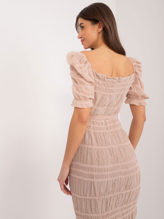 Elegantné midi šaty s nariasenými rukávmi béžové