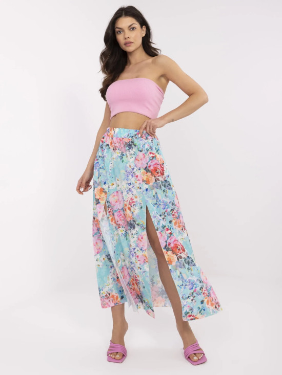 Květinová midi sukně v mentolové barvě