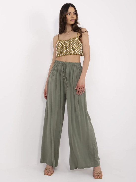 Stylové khaki kalhoty s vysokým pasem
