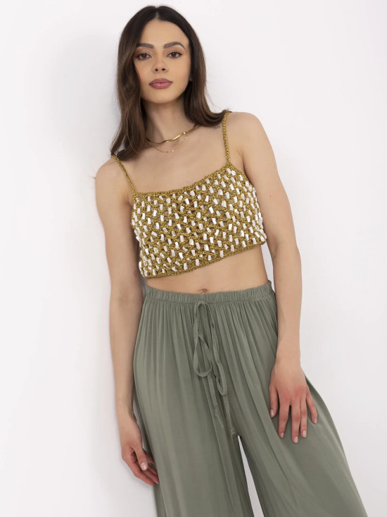 Stylové khaki kalhoty s vysokým pasem