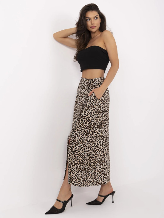Hnědá midi sukně se zvířecím motivem