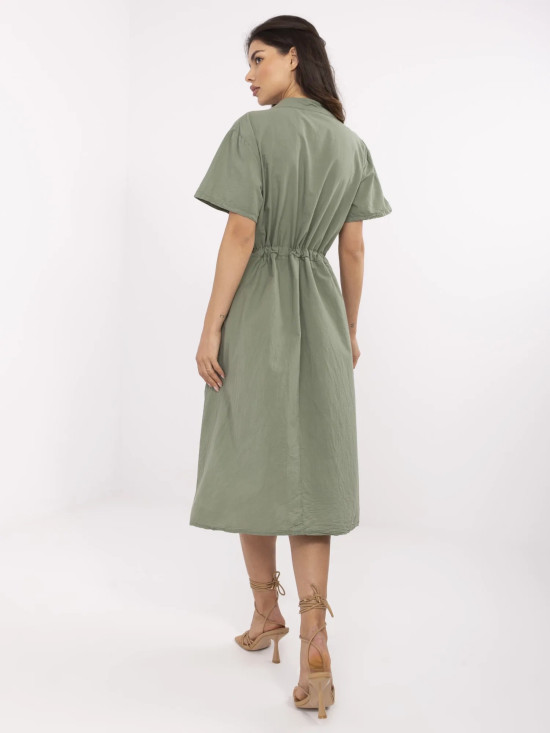 Khaki rozšířené šaty s krátkým rukávem