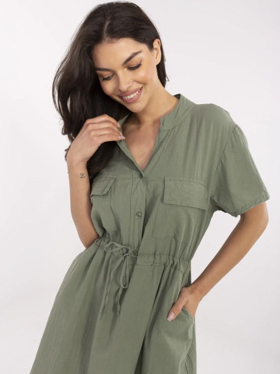 Khaki rozšířené šaty s krátkým rukávem