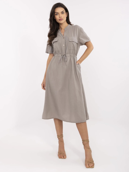 Tmavě béžové rozšířené šaty s krátkým rukávem