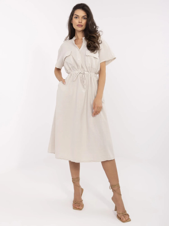 Béžové rozšířené letní šaty s krátkým rukávem