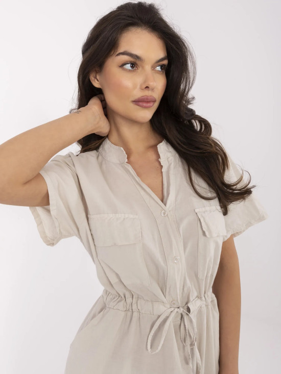 Béžové rozšířené letní šaty s krátkým rukávem