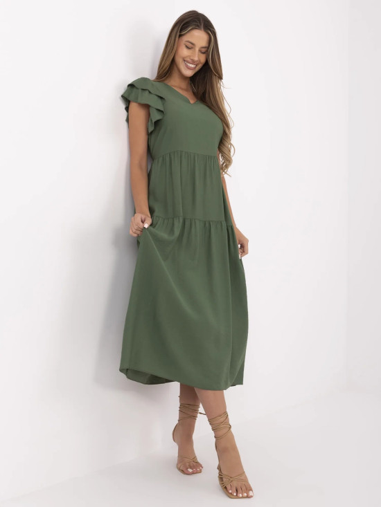 Letní midi šaty s volánem v khaki barvě