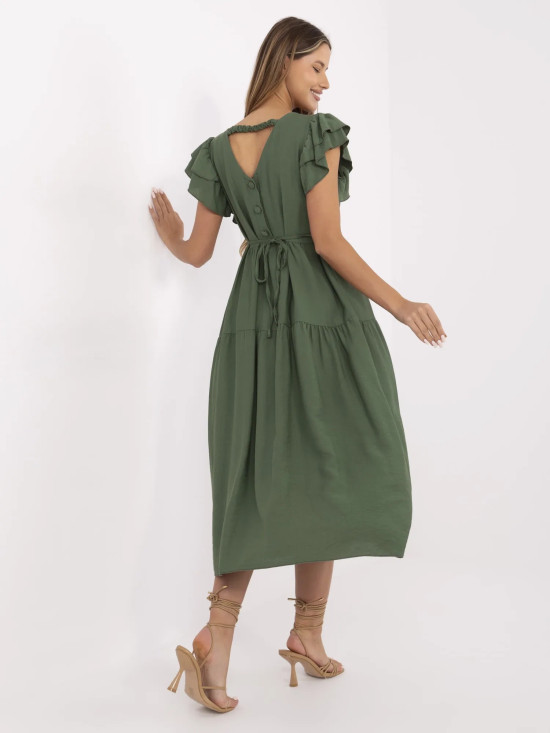 Letní midi šaty s volánem v khaki barvě