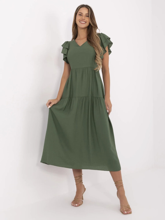 Letní midi šaty s volánem v khaki barvě