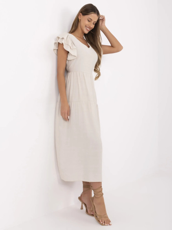 Letní midi šaty s volány ve světle béžové