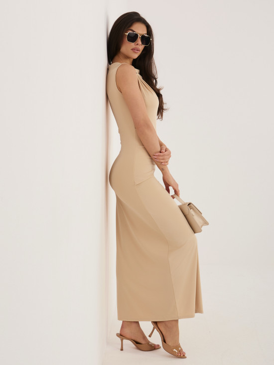 Béžové midi pouzdrové šaty bez rukávů