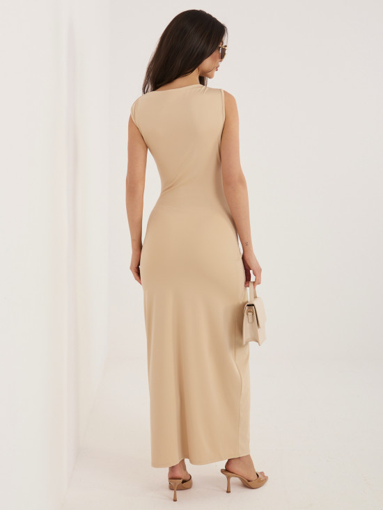 Béžové midi pouzdrové šaty bez rukávů