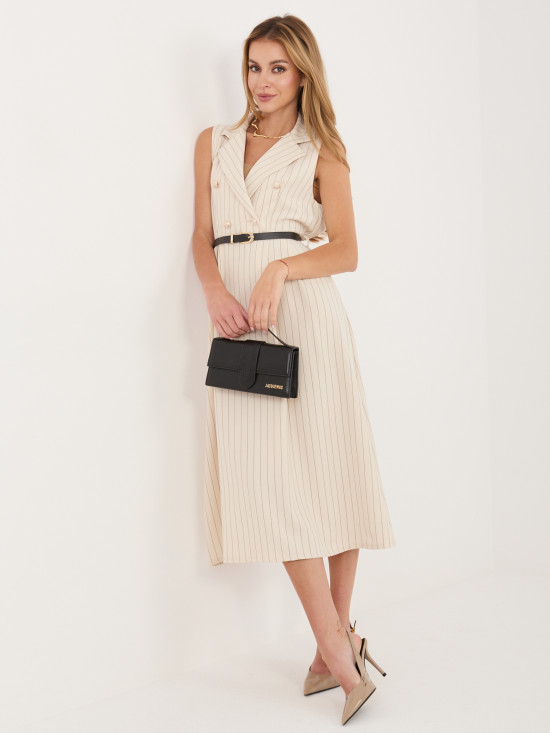 Béžové rozšířené midi šaty s páskem a límečkem