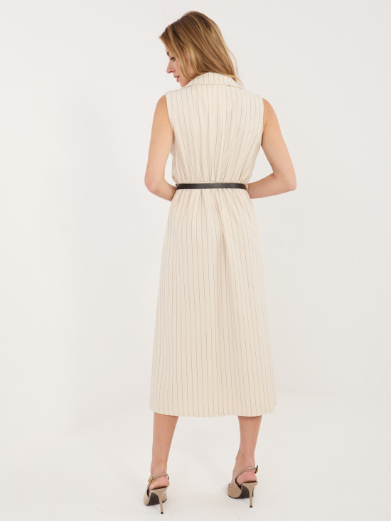 Béžové rozšířené midi šaty s páskem a límečkem