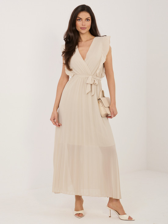 Béžové rozšířené midi šaty s páskem