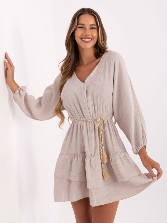 Světle béžové letní šaty s dlouhým rukávem