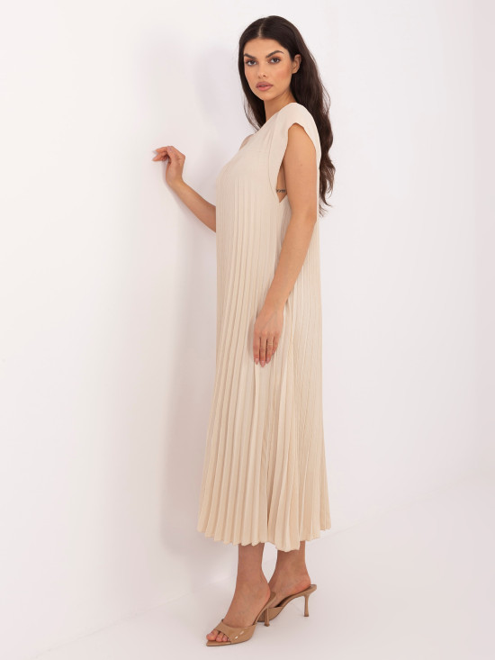 Béžové midi koktejlové šaty s kapsami