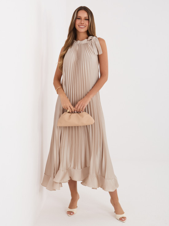 Béžové koktejlové midi šaty s vázáním a volánem