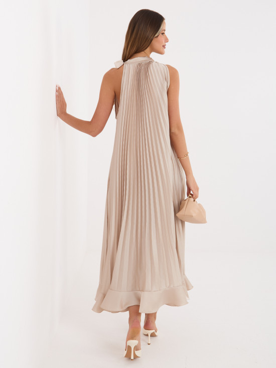 Béžové koktejlové midi šaty s vázáním a volánem