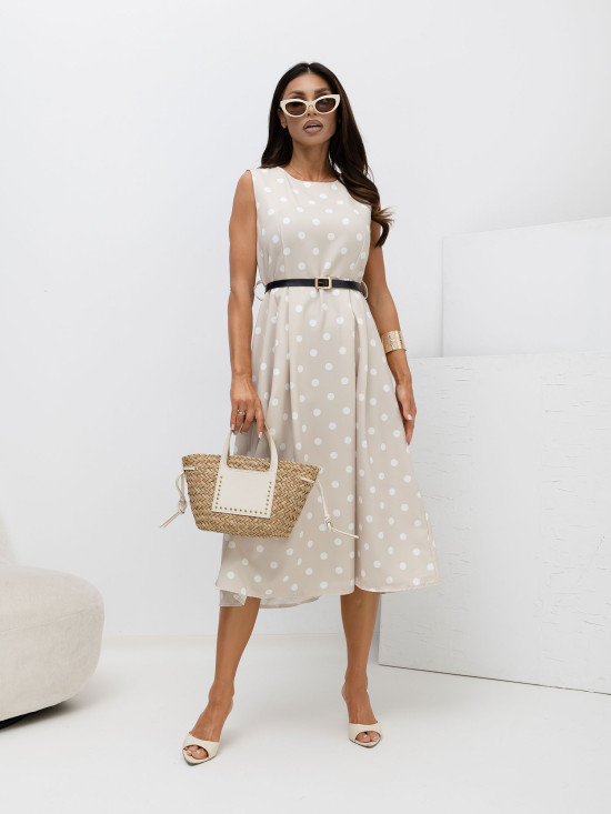 Béžové midi šaty s puntíky a páskem