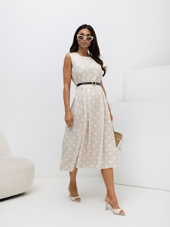 Béžové midi šaty s puntíky a páskem