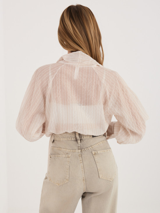 Béžová pruhovaná košile s vázáním a nabíranými rukávy